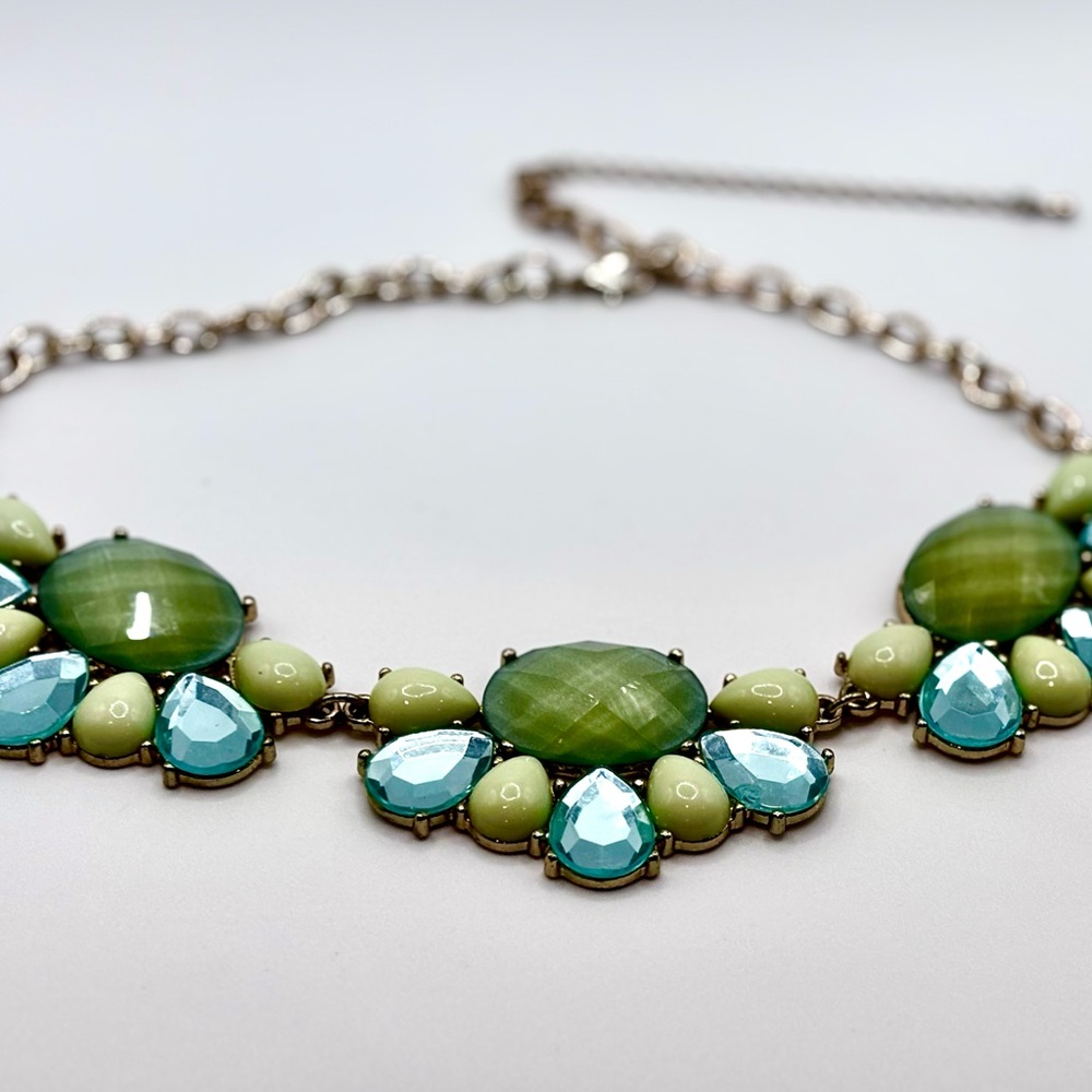 Green and Blue Multiple Bead Necklace with Gold Tone Chain